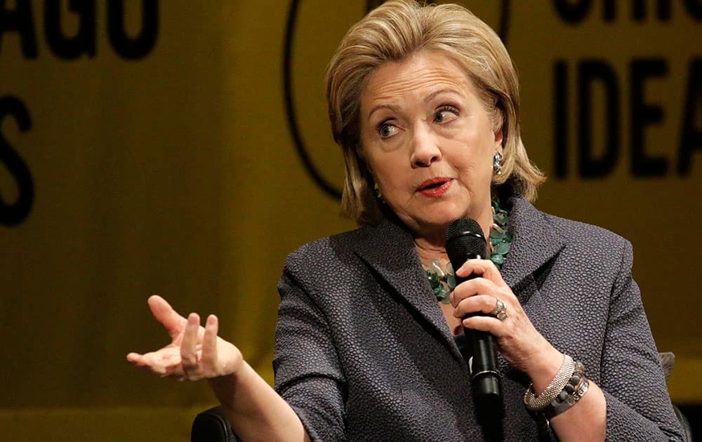 Former Secretary of State Hillary Rodham Clinton answers a question from the crowd during an appearance to promote her new book, in Chicago. 