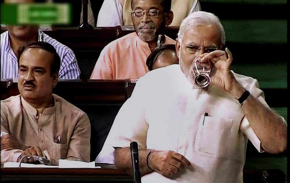 Prime Minister Narendra Modi during the discussion on President`s address in Rajya Sabha in New Delhi.