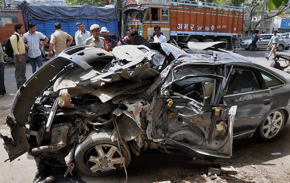 Wreckage of an Audi car after an accident at Brittania Chowk which claimed two lives on Tuesday night, in New Delhi.