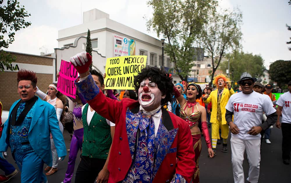 Clowns and other circus performers carry signs that read in Spanish `All of Mexico wants a circus with animals,