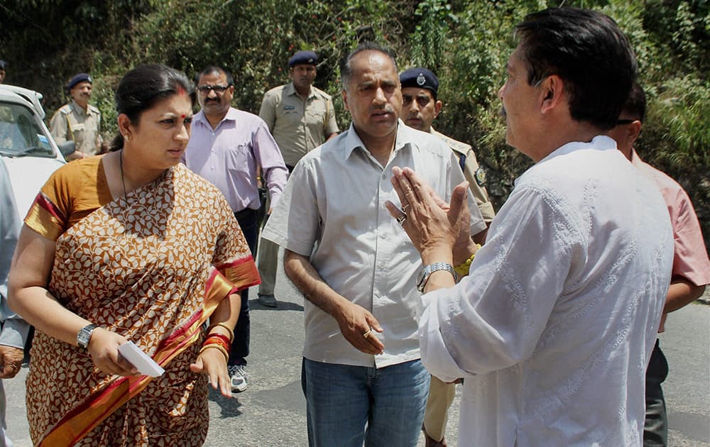 Union Human Resource Development Minister Smriti Irani visits the spot in Mandi on Monday, a day after 24 engineering students of Hyderabad were washed away in the Beas River.