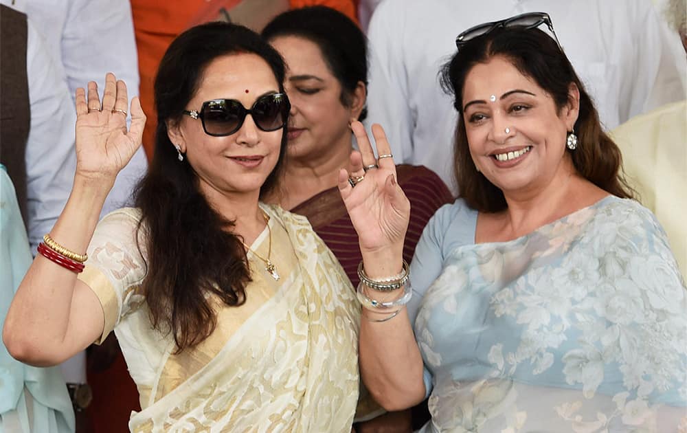 Actors and BJP members Hema Malini and Kirron Kher after the joint session of Parliament in New Delhi.