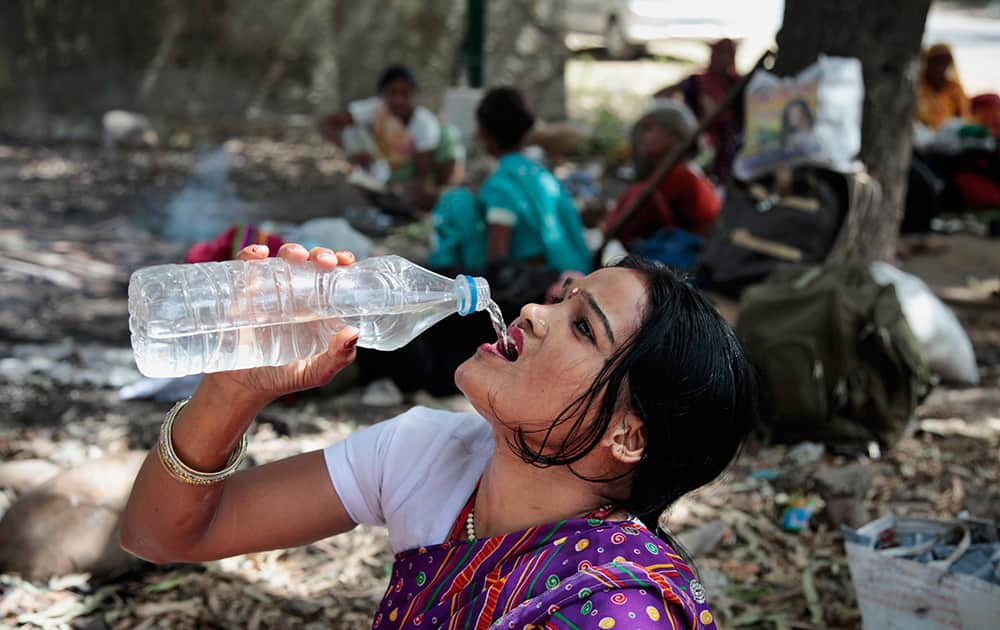 A woman pilgrim on her way to the Vaishno Devi shrine drinks water as she rests under the shade of a tree outside a railway station in Jammu.