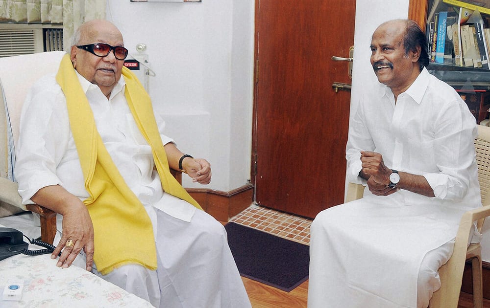 Actor Rajinikanth meets DMK chief M Karunanidhi at his residence in Chennai.