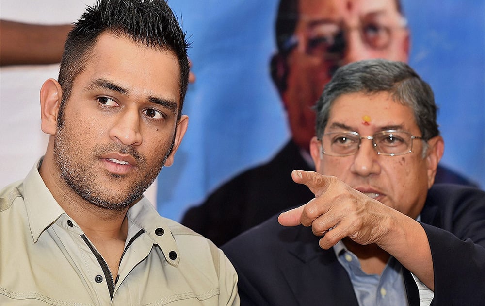 Indian cricketer MS Dhoni and former BCCI president N Srinivasan at a promotional event in Chennai.