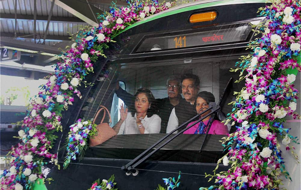 Maharashtra Chief Minister Prithviraj Chavan and Teena Ambani inside the Mumbai`s first Metro starting from Versova station towards Ghatkopar station.