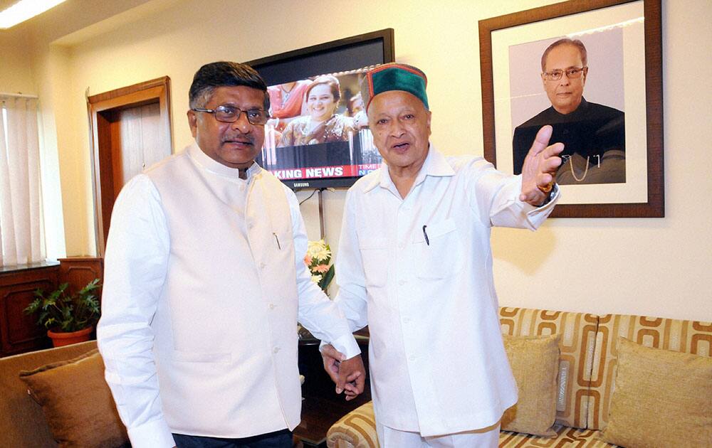 Himachal Pradesh Chief Minister Virbhadra Singh calling on Union Minister for Communication & IT Ravi Shankar Prasad in New Delhi.