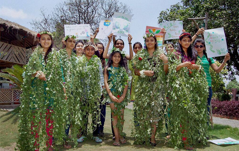 Students of Shree Ram Institute of Design (SRID) make costumes out of plants ahead of World Environment Day, in Surat.