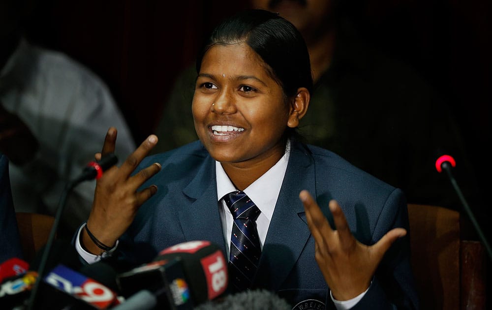 Malavath Poorna, from the southern Indian state of Andhra Pradesh addresses a press conference in New Delhi.