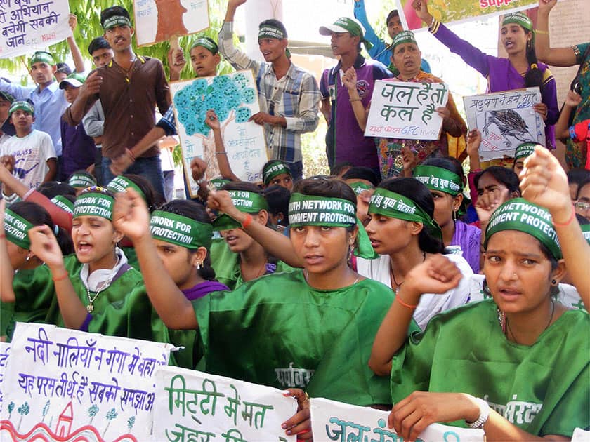 Students during an awareness programme ahead of World Environment Day in Varanasi.