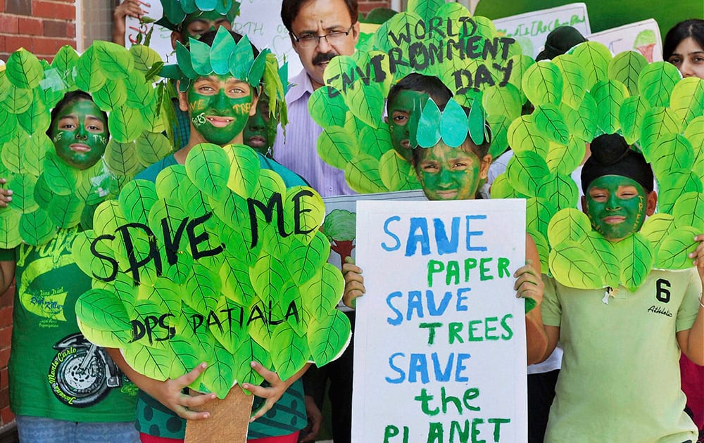 School students holding an awareness rally on the eve of World Environment Day in Patiala.