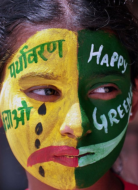 A girl paints her face to create awareness about environment on the eve of the `World Environment Day` in Bikaner.