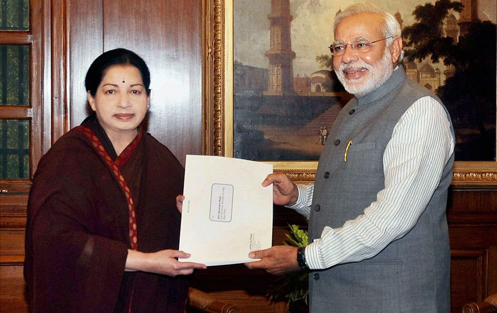 Prime Minister Narendra Modi with Tamil Nadu Chief Minister J Jayalalithaa at a meeting in New Delhi.