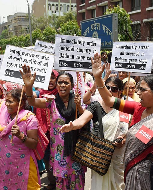 All India Democratic Women`s Association (AIDWA) activists protest against the Badaun rape case outside UP Bhawan in New Delhi