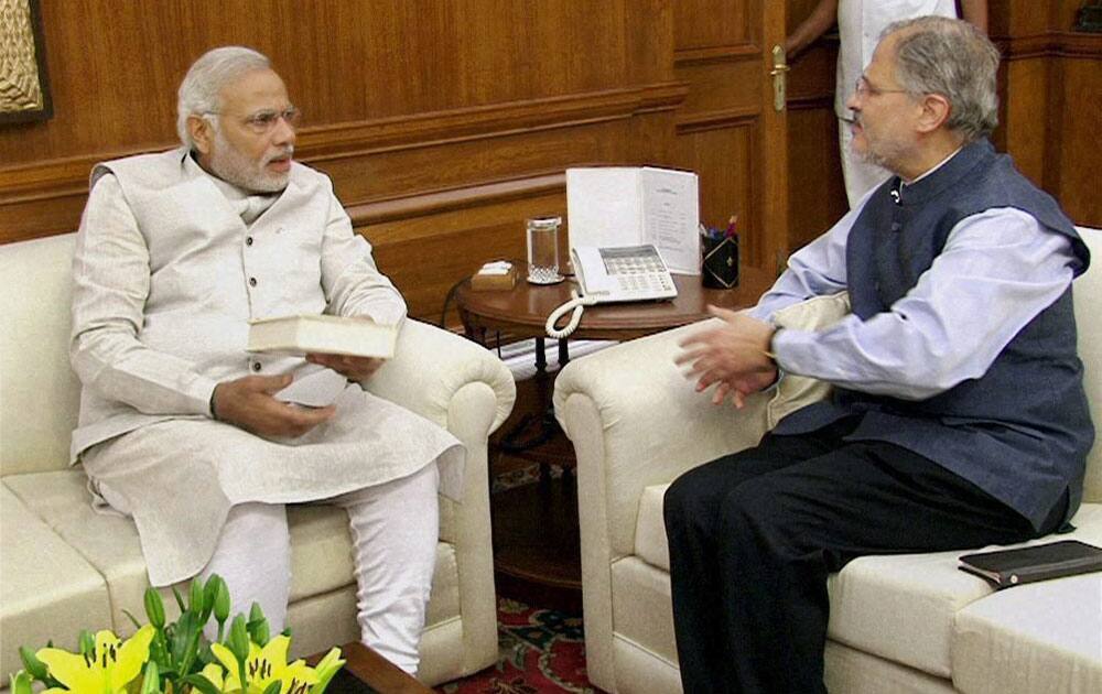Prime Minister Narendra Modi at a meeting with Lt. Governor of Delhi, Najeeb Jung at South Block in New Delhi.