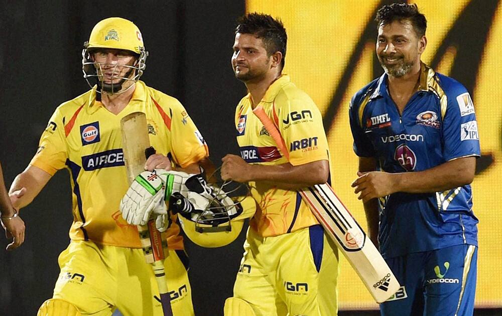Suresh Raina and David Hussey celebrate the victory of Chennai Superkings during the play off match played against Mumbai Indians in Mumbai.