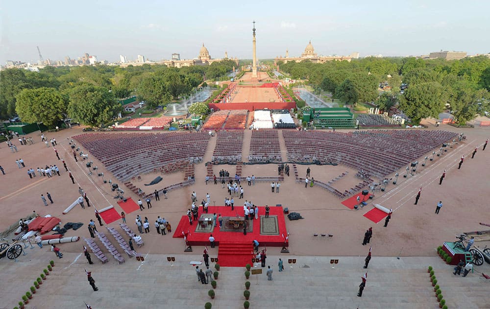 This photograph, released by the Indian President’s office, shows preparations underway on the forecourt of the presidential palace for the scheduled swearing in ceremony on Monday of India`s Prime Minister-designate Narendra Modi, in New Delhi, India.