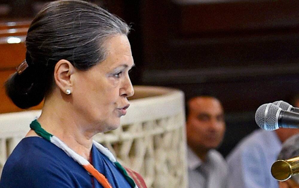 Congress party President Sonia Gandhi addresses a meeting of Congress Parliamentary Party (CPP) in New Delhi.