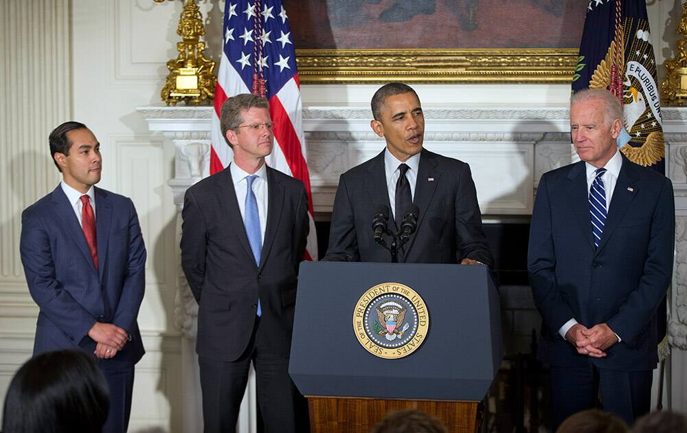 President Barack Obama, center, announces the nomination of San Antonio Mayor Julian Castro, far left, to lead the Department of Housing and Urban Development (HUD) to replace current Secretary Shaun Donovan, second from the left, in the State Dinning Room of the White House in Washington.