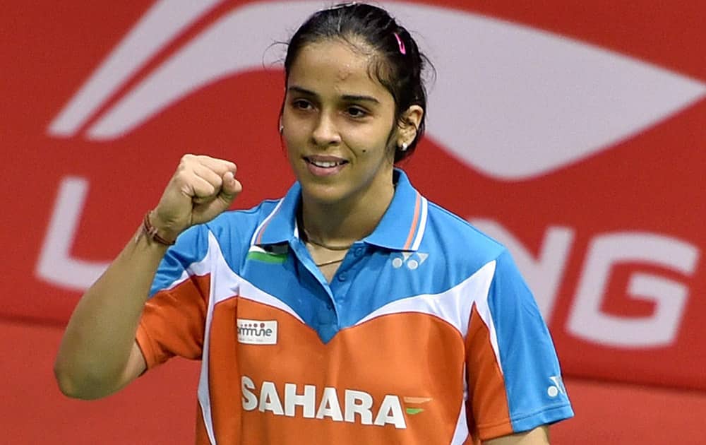 India`s Saina Nehwal reacts after beating Japan`s Minatsu Mitani in the Uber Cup semifinals in New Delhi.