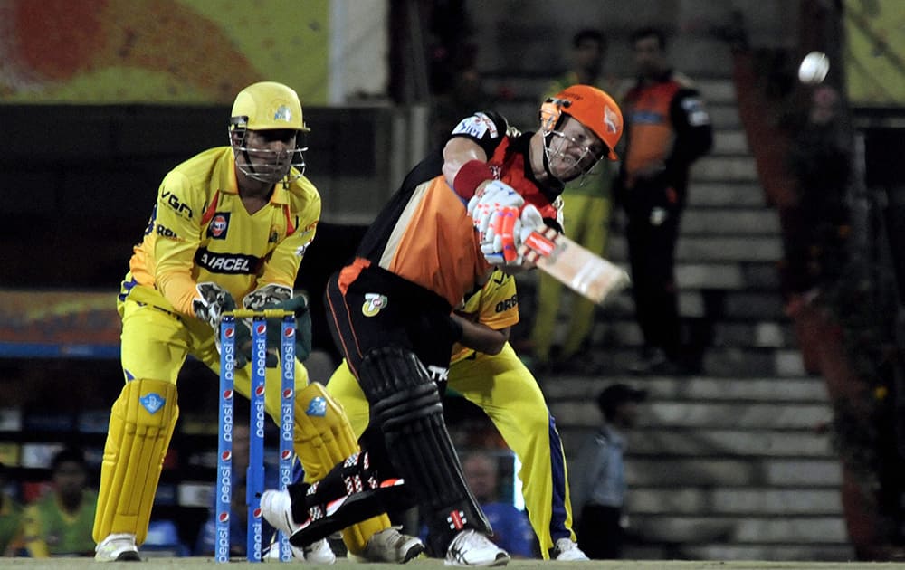 David Warner of the Sunrises Hyderabad plays a shot against Chennai Supper kings during an Indian Premier League match in Ranchi.