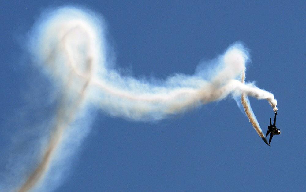 A Turkish Air Force Lockheed Martin F-16 performs at the ILA Berlin Air Show 2014 in Berlin Germany.