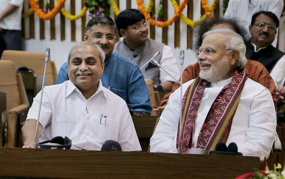 Narendra Modi with Nitinbhai Patel during a special session of the state Assembly in Gandhinagar.