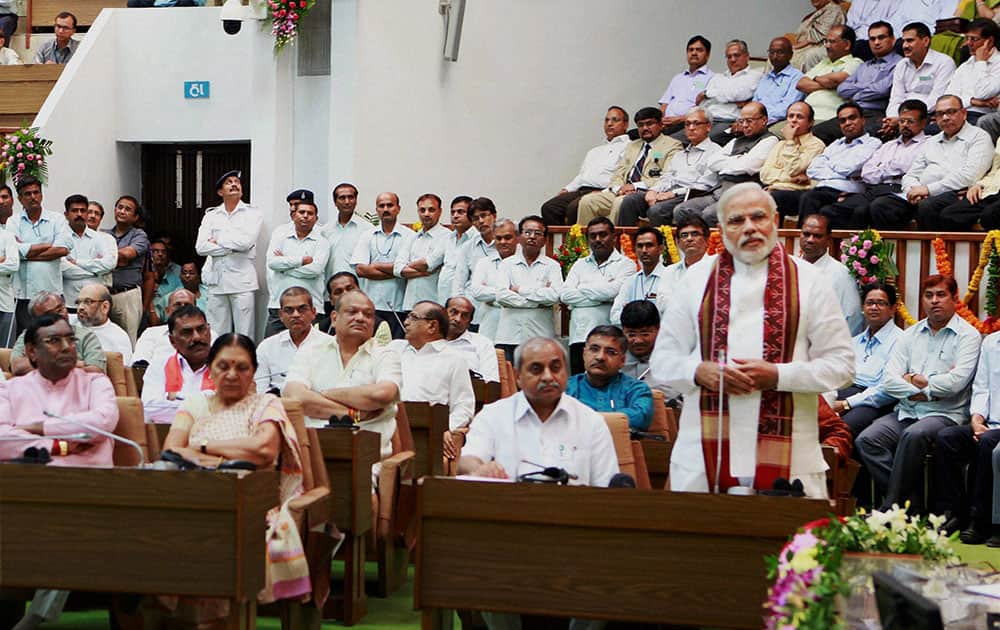 Narendra Modi addresses a special session of the state Assembly in Gandhinagar.