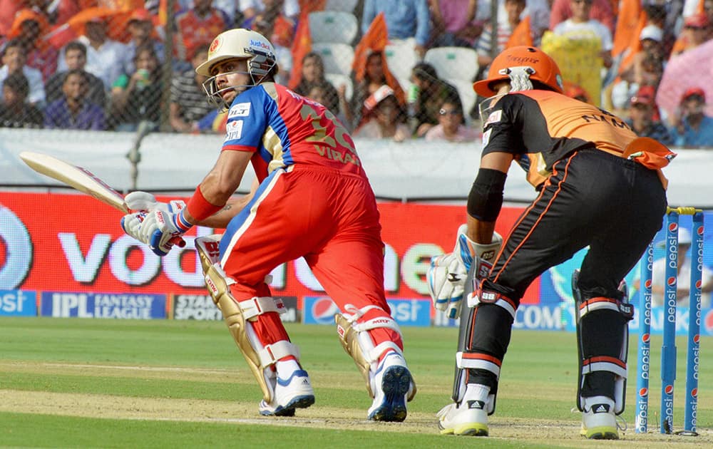 Royal Challengers Bangalore Skipper Virat Kohli in action during the IPL 7 match against Sunrisers Hyderabad at Uppal in Hyderabad.