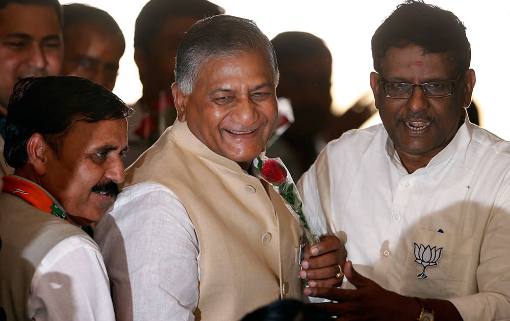 V.K. Singh, India`s former army chief, arrives for a meeting of the party`s newly elected lawmakers in New Delhi.