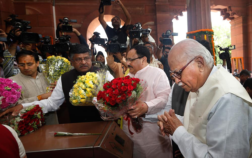 Lal Krishna Advani arrives for the BJP parliamentary party meeting in New Delhi.