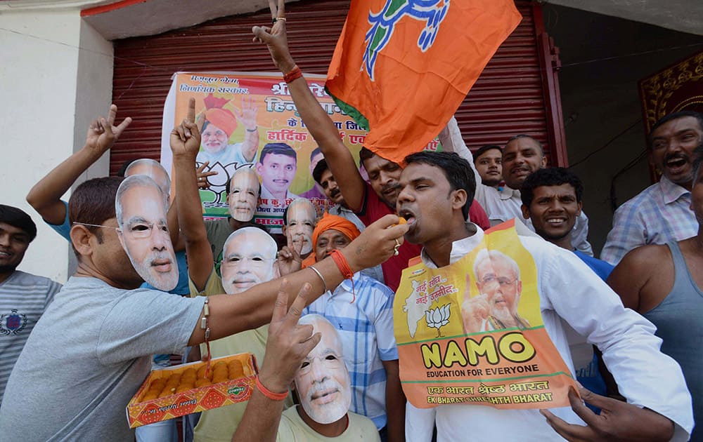 BJP workers celebrating the party`s victory in Lok Sabha polls, in Gaya.