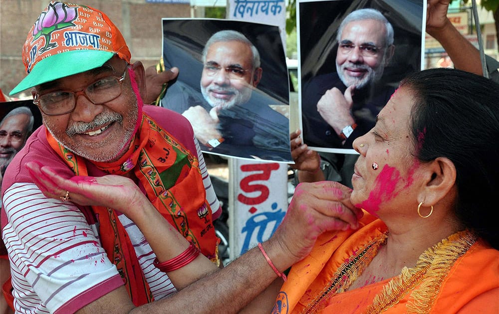 BJP workers celebrating the party`s victory in Lok Sabha polls, in Bikaner.