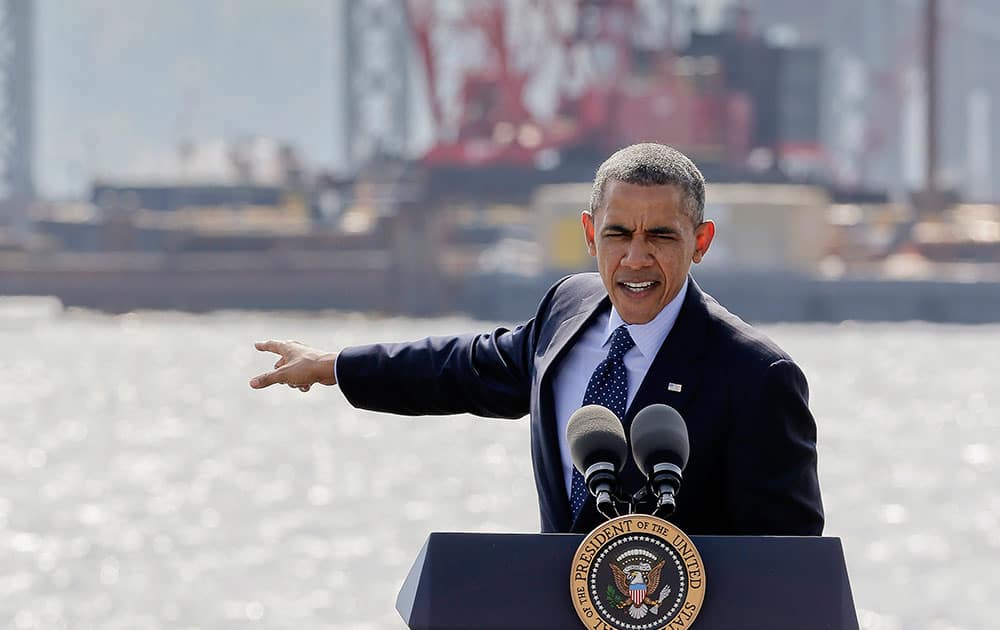 President Barack Obama speaks near the base of the Tappan Zee Bridge.