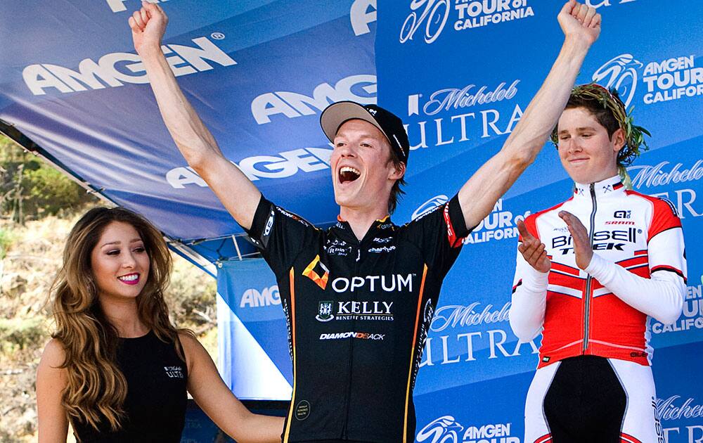 Will Routley celebrates his stage win, during the awards ceremony for the fourth stage of the Tour of California cycling race in Cambria, Calif.