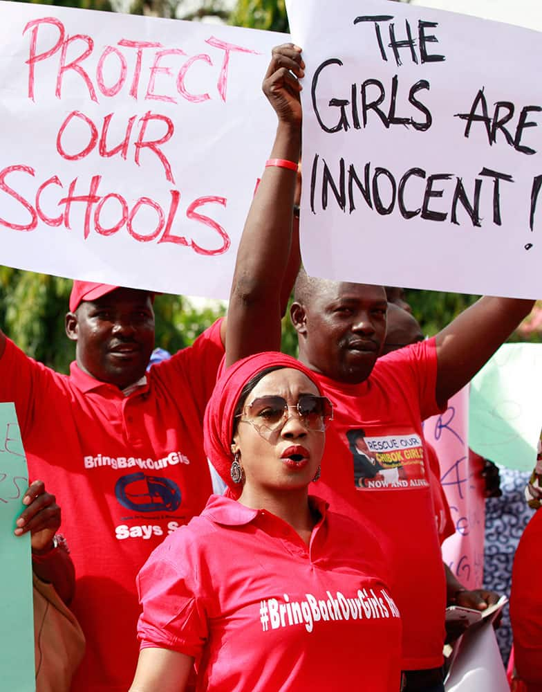 Women attend a demonstration calling on the government to rescue the kidnapped schoolgirls of the Chibok secondary school, in Abuja, Nigeria.