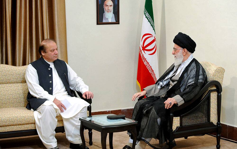 Supreme Leader Ayatollah Ali Khamenei, right, meets Pakistani Prime Minister Nawaz Sharif in Tehran, Iran.