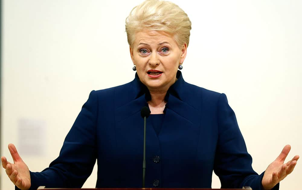 Lithuania`s President Dalia Grybauskaite speaks to the media after winning the first round of the country`s presidential election, in Vilnius, Lithuania.