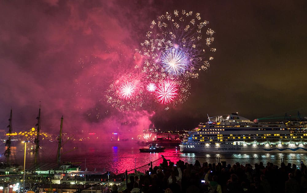 Fireworks illuminate the sky during celebrations to mark the 825. birthday of the Hamburg harbour, in Hamburg, northern Germany. 