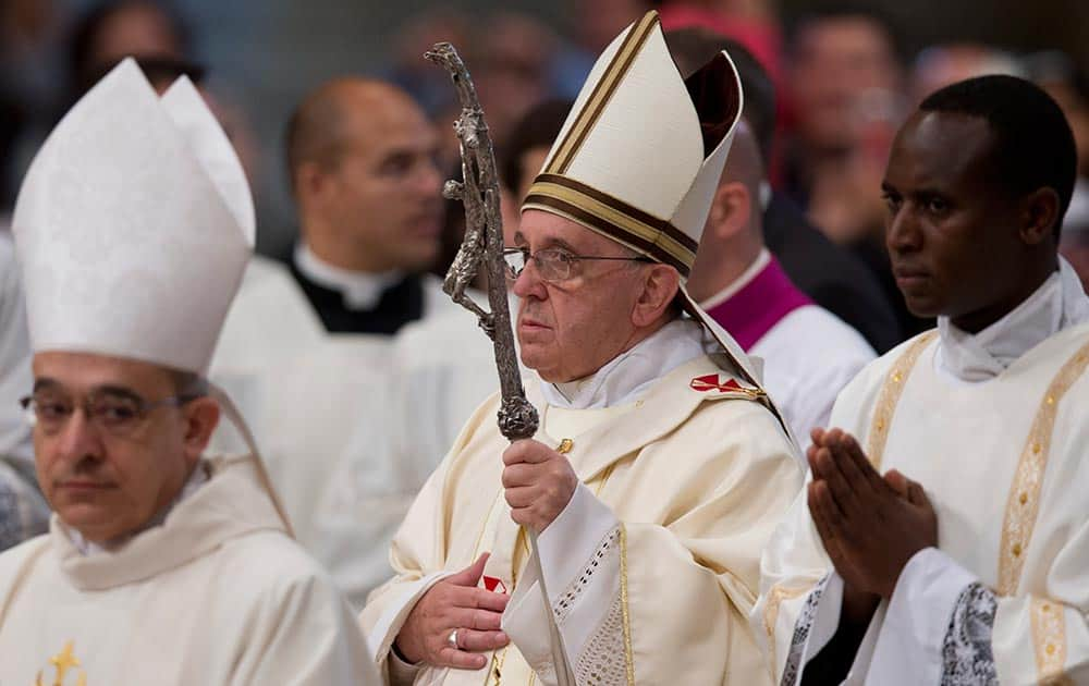 Pope Francis arrives to celebrate a Mass where he ordained 13 new priests in St. Peter`s Basilica at the Vatican.