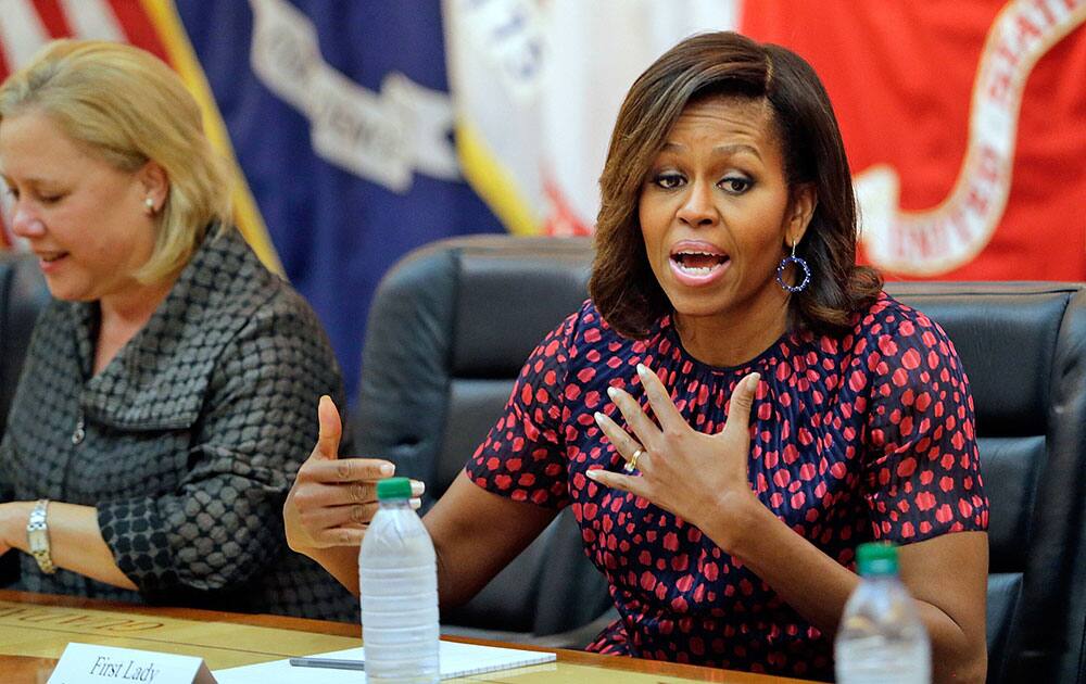 First lady Michelle Obama and Sen. Mary Landrieu, D-La., meet with spouses of Veterans at the National World War II Museum in New Orleans.