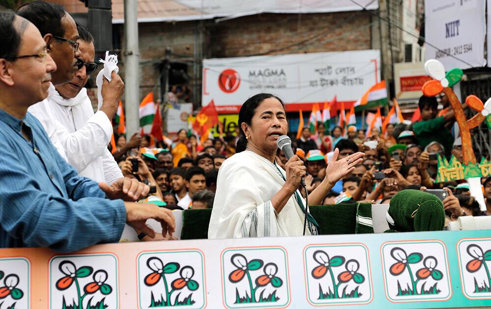 Trinamool Congress party leader Mamata Banerjee speaks during an election campaign rally in Kolkata.