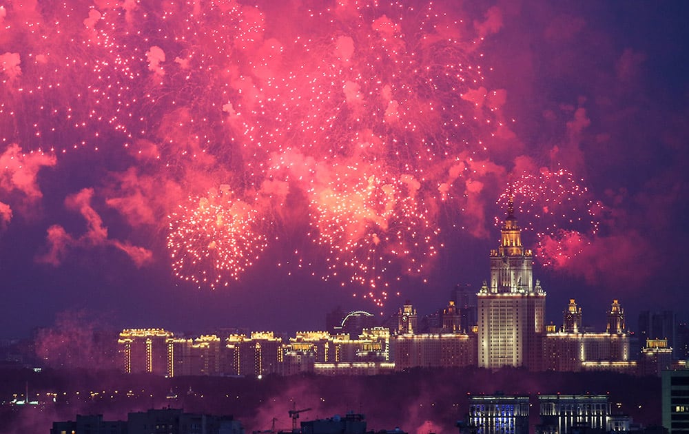 Fireworks explode over the city as it commemorates Victory Day, the 69th anniversary of the defeat of Nazi Germany, in Moscow.