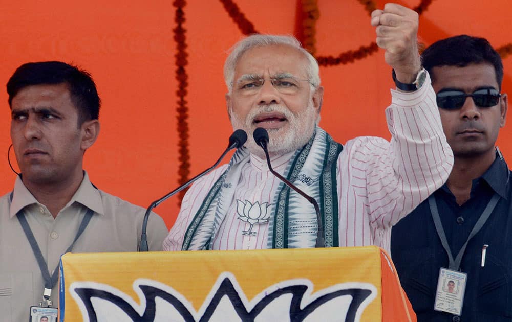 BJP Prime Ministerial candidate Narendra Modi addresses an election rally in Motihari.