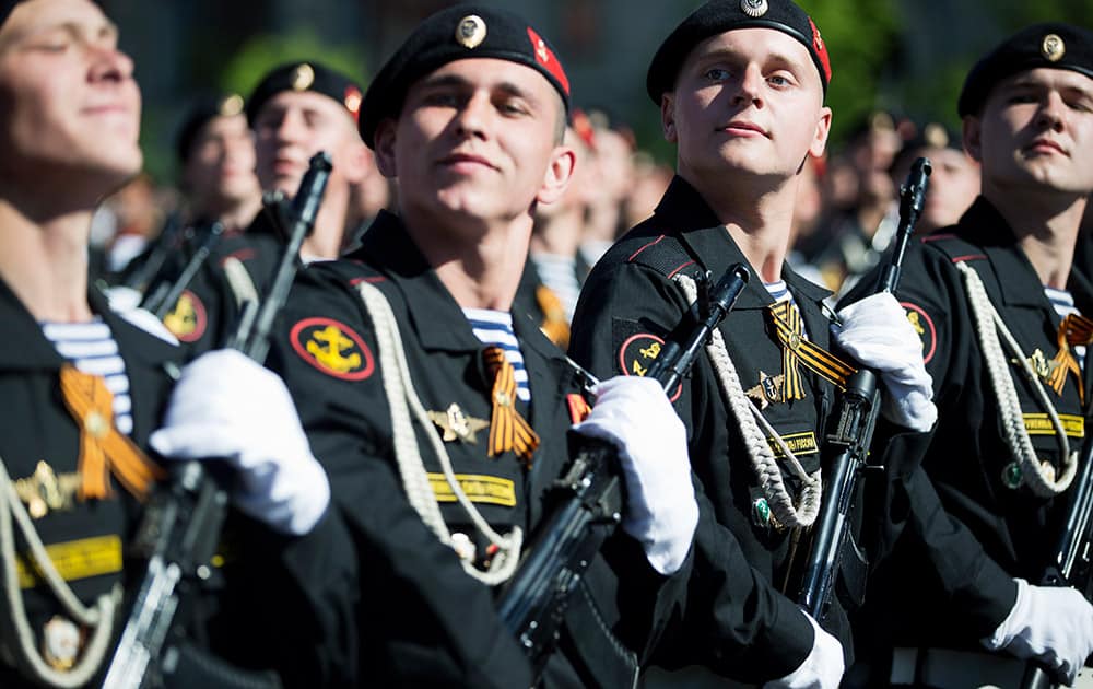 Russian troops march during the Victory Day Parade in Red Square in Moscow, Russia.