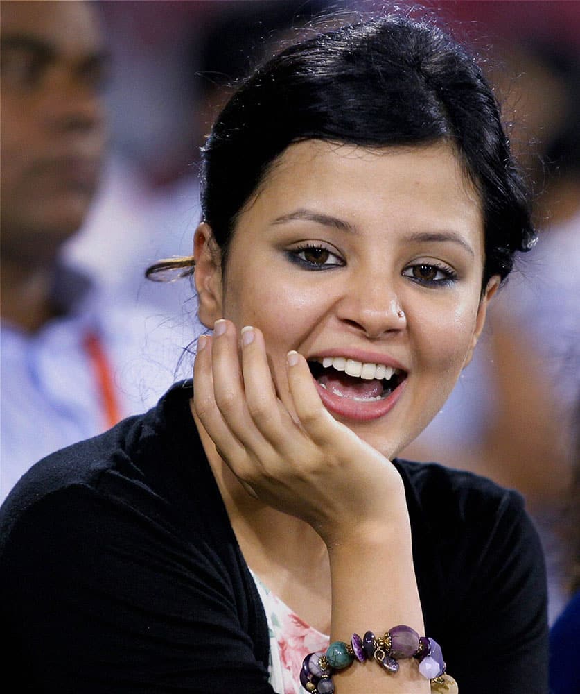 Sakshi Dhoni, wife of MS Dhoni during the match between the Kings XI Punjab and the Chennai Superkings held at the Barabati Stadium, Cuttack.