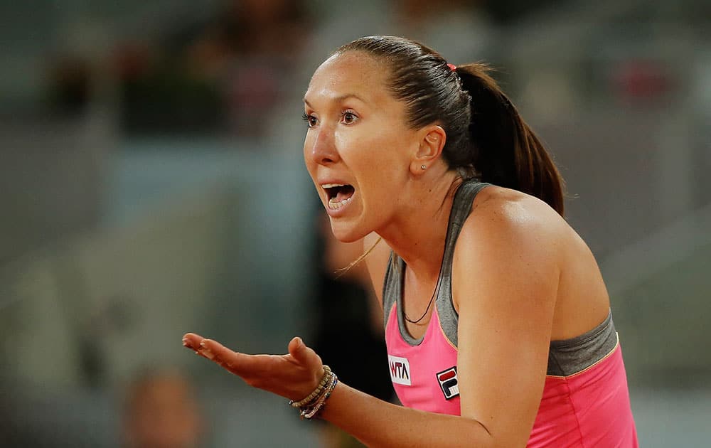 Jelena Jankovic from Serbia reacts during a Madrid Open tennis tournament match against Anastasia Pavlyuchenkova from Russia.