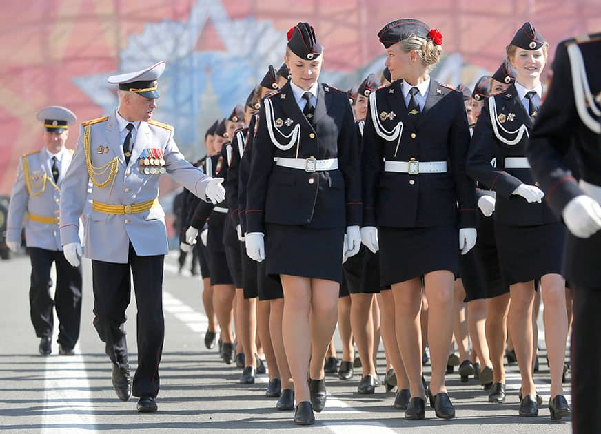 Russian Police academy female cadets march during a rehearsal for the Victory Day military parade at Dvortsovaya (Palace) Square in St Petersburg, Russia.