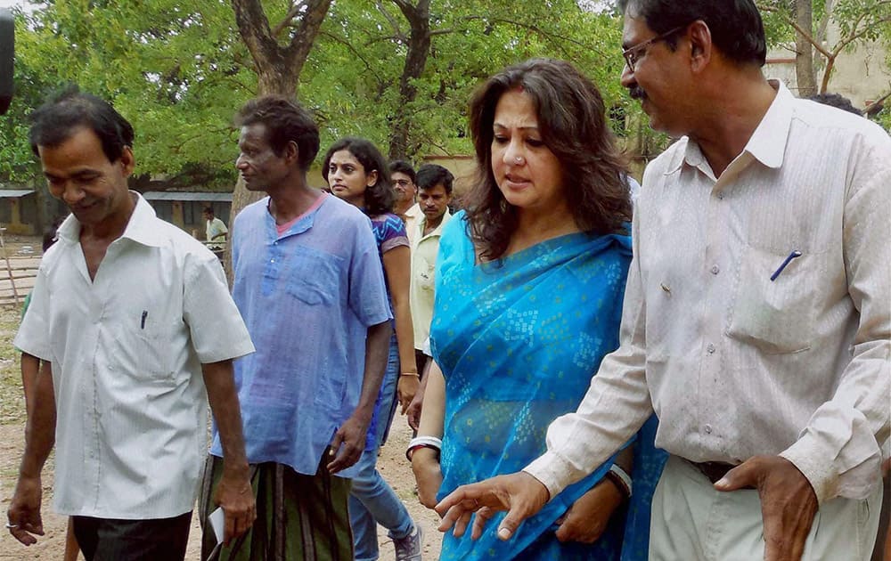 TMC candidate Moonmoon Sen in conversation with voters at a polling station in Bankura district in West Bengal.