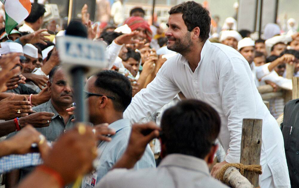 Congress Vice President Rahul Gandhi meeting the crowd during an election campaign rally in Mirzapur, Uttar Pradesh.